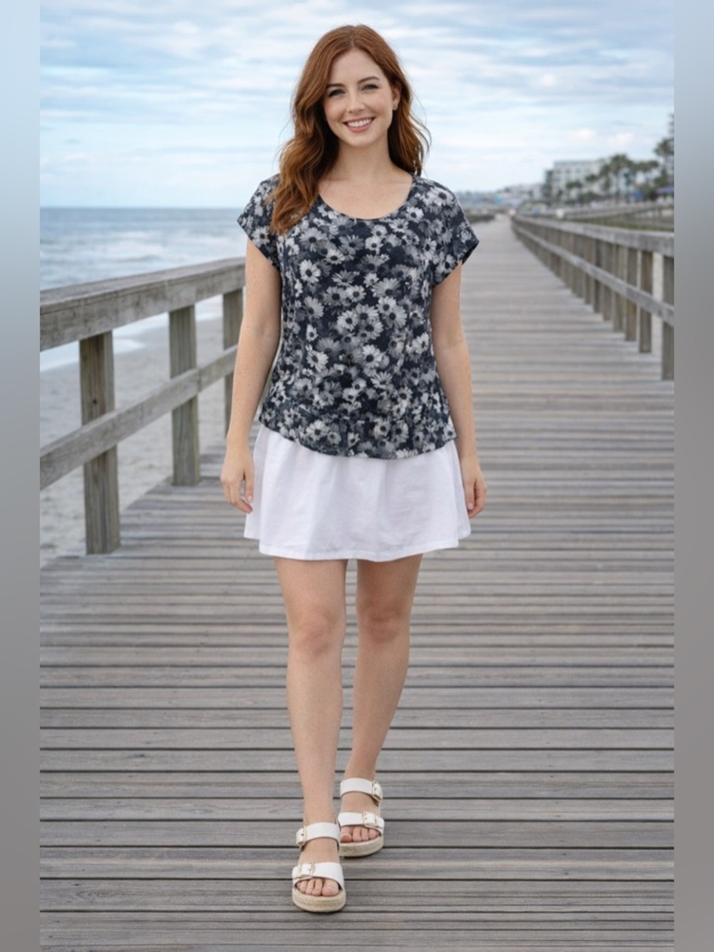 MICHAEL KORS Grey/White/Black Floral Print Boat Neck Top w/Elastic Waist NWT $80